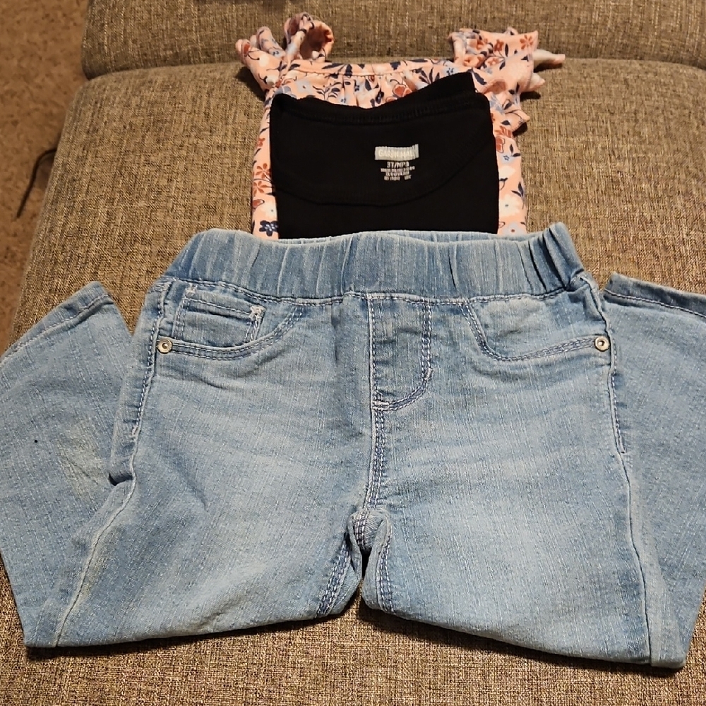 Little Lass Floral Pink Shirt, Black Garanimals Shirt and Blue Ink Jeans